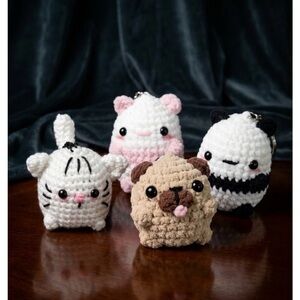 Crocheted Animal Keychain Set - White, Black, Tan